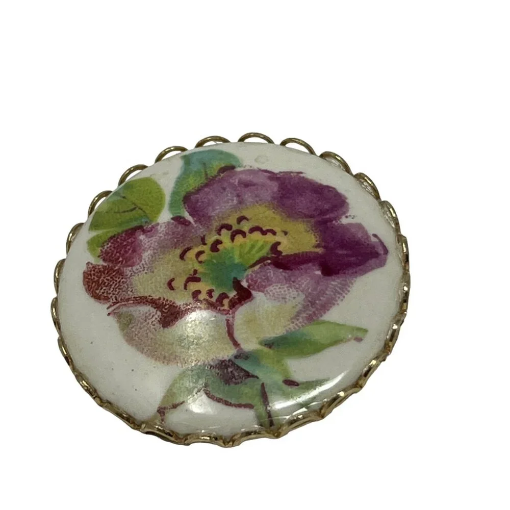Vintage Flower Brooch Porcelain Purple and Gold‎ Tone Pin